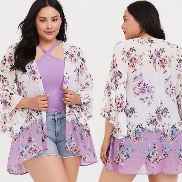 torrid Tops - Torrid • Ivory Floral Chiffon Bell Sleeve Kimono